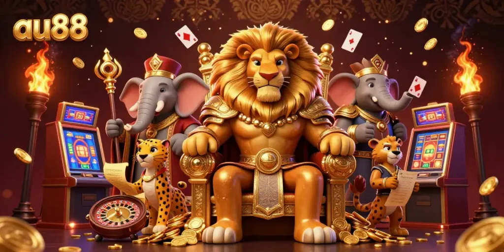 Explore exciting gaming adventures with au88 in a vibrant 3D casino scene featuring rich graphical elements.