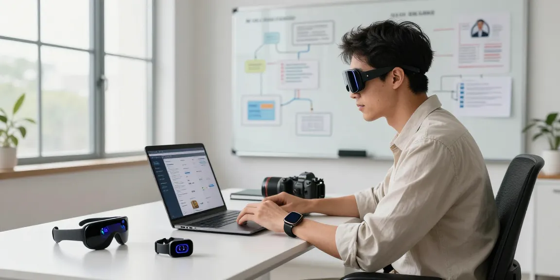 Tech enthusiast exploring AI wearables with a modern workspace setup, showcasing innovative gadgets and tech interaction.