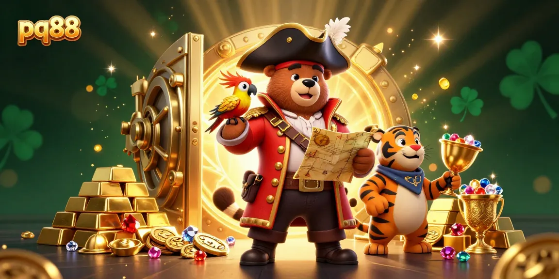 Experience thrilling adventures with pq88, featuring a pirate bear, tiger, and treasure in a vibrant casino scene.
