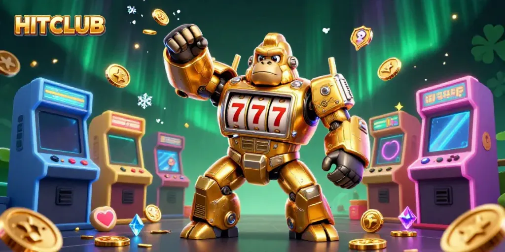 Experience HITCLUB's thrilling gaming adventure with a golden gorilla mech and explosive slot action.