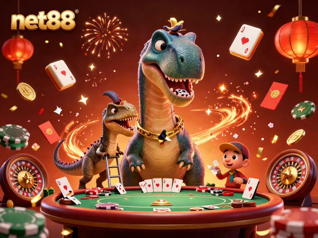 Experience the thrill of the net88 online casino with vibrant characters and festive visuals in a dynamic scene.