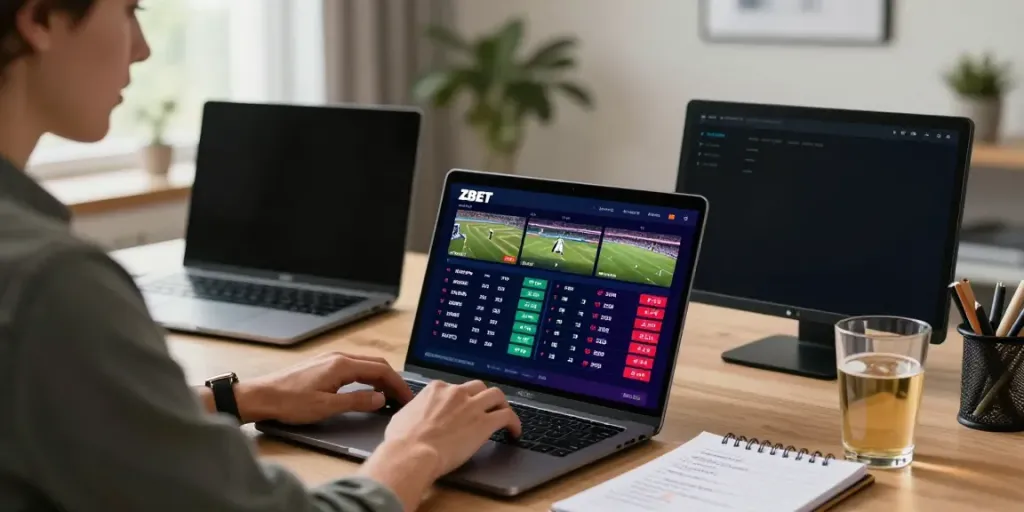 Engaging ZBET online betting scene with user analyzing sports odds