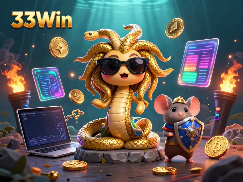 Engage with 33Win's vibrant casino world featuring a friendly Medusa and warrior mouse.