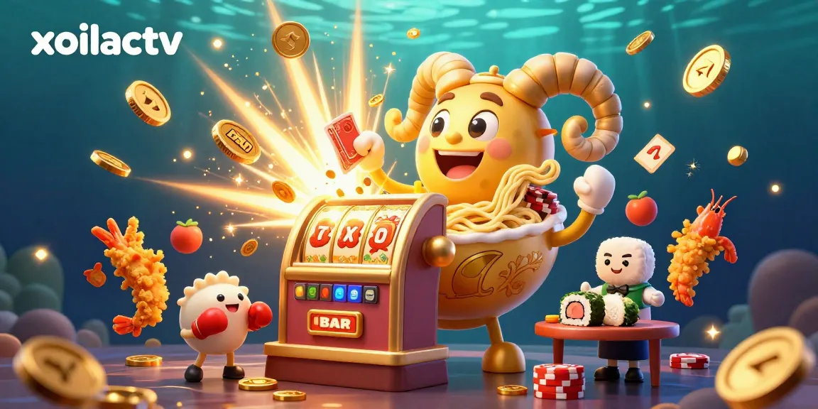 Xoilactv shows a vibrant slot machine scene with a giant ramen bowl character stacking chips and cards, celebrating wins.