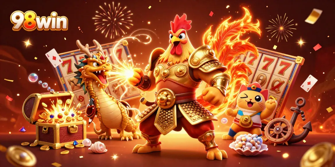 Engage with 98win's thrilling universe as a rooster warrior stands amidst slot reels and treasures.