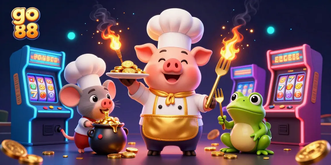 Experience thrilling gaming with go 88 as a chef pig serves gold coins amidst vibrant casino elements.
