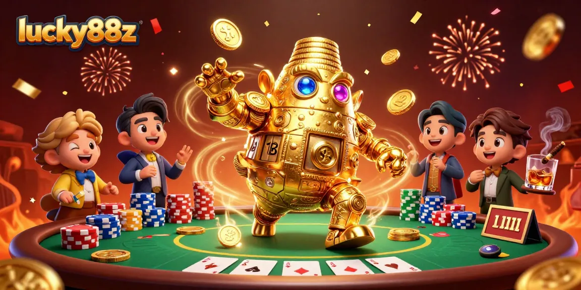 Experience thrilling games with lucky88z at a vibrant poker scene featuring golden golem and party elements.