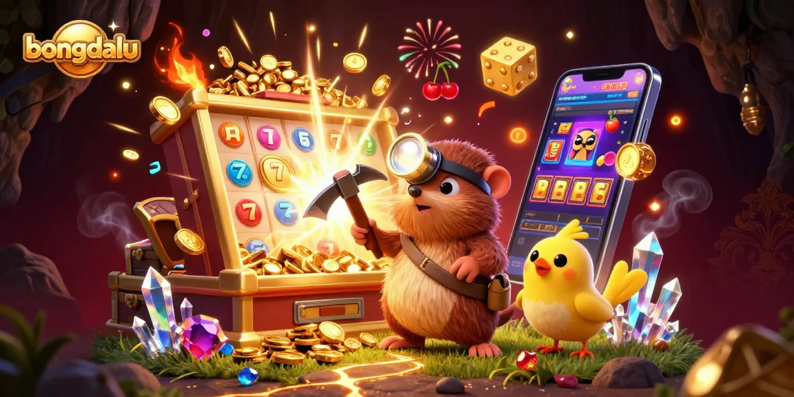 Bongdalu showcases an animated treasure hunter mole and canary amidst a vibrant casino scene filled with exciting gaming elements and golden treasures.