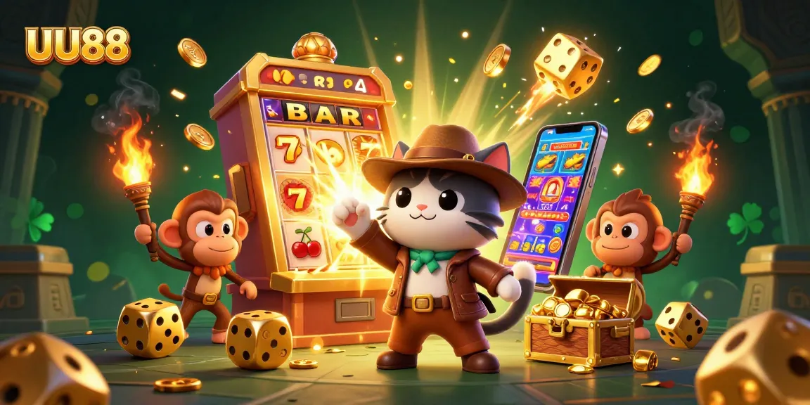 UU88 showcases a thrilling scene of a cat archaeologist discovering golden treasures in an exciting casino.