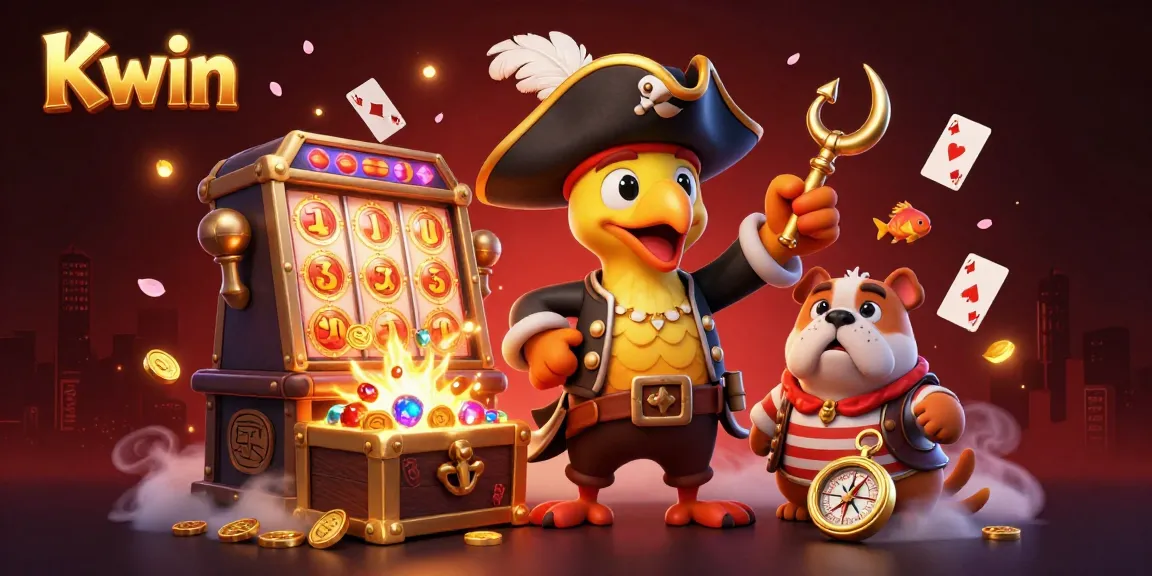 Kwin's vibrant casino adventure, a parrot pirate leading a bulldog and a cat with riches from treasure and slot games.