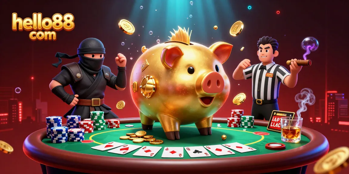 Experience thrilling action at hello88 com with an epic showdown between a golden piggy bank sumo wrestler and his ninja opponent.