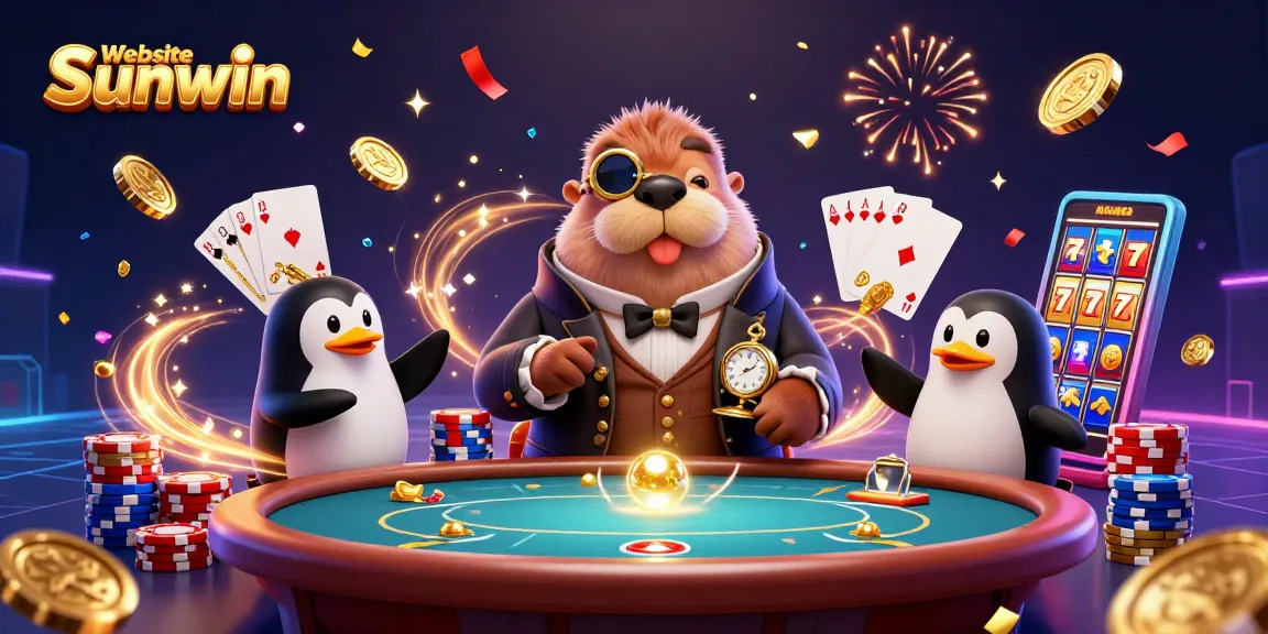 Engaging casino scene showcasing Website Sunwin with animated walrus, poker table, and festive decorations