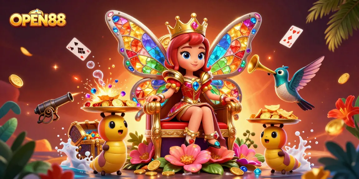 Join the exciting world of OPEN88 with vibrant 3D characters and dynamic casino elements in a mesmerizing gaming scene.