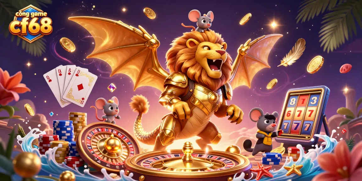 Cascading golden coins and a triumphant chimera symbolize the excitement at cổng game cf68.