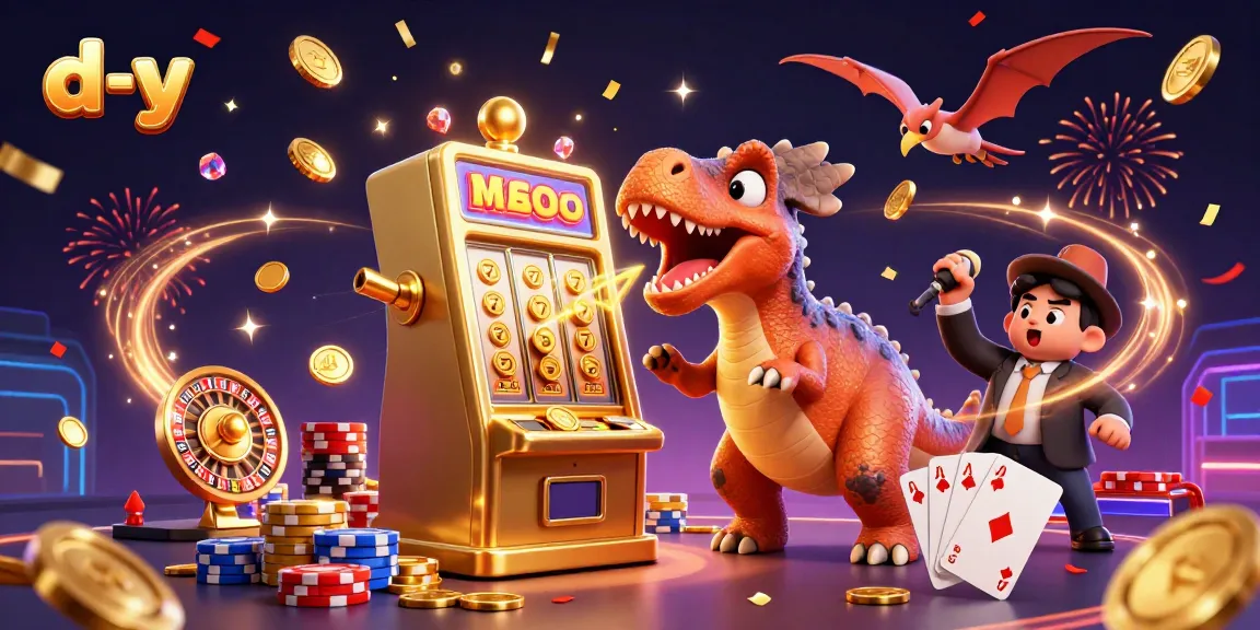 Engage in thrilling wins at d-y as a dinosaur celebrates jackpot coins from a slot machine.