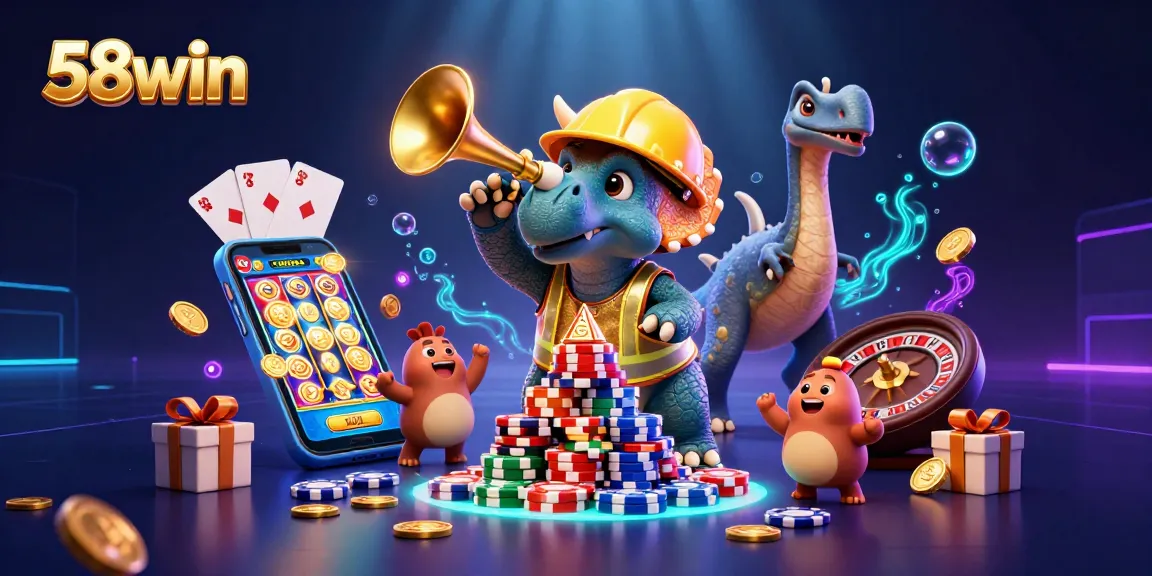 Experience the excitement of 58win as cartoon dinosaurs celebrate gaming wins amidst vibrant casino elements.