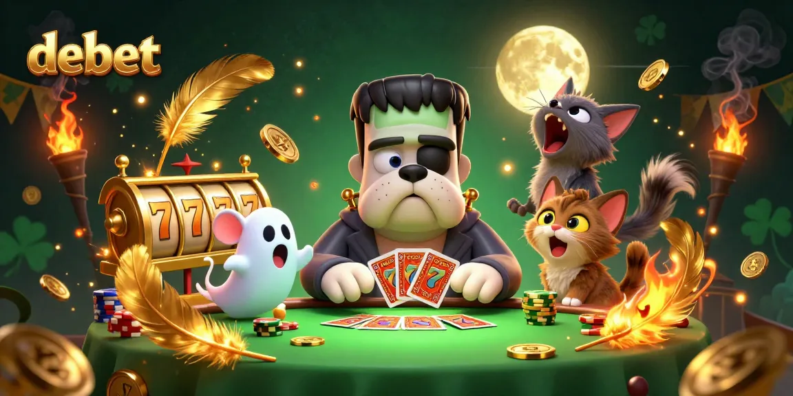Engage with debet excitement at a vibrant casino scene featuring playful characters, cards, and golden details.