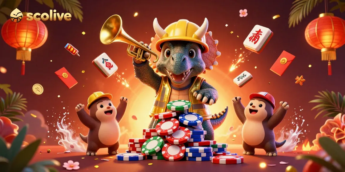 Socolive delivers thrilling casino action as a triceratops builds poker chips while celebrating with friends in a dynamic environment.