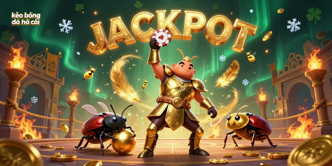 Experience the excitement of kèo bóng đá nhà cái with the victorious hercules beetle raising a poker chip in a dynamic gambling scene.