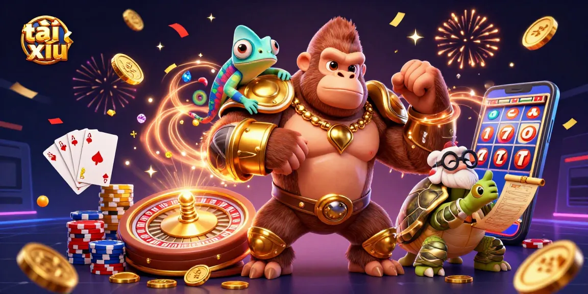 Experience thrilling tài xỉu action with our dynamic 3D illustration showcasing gorilla king, chameleon spy, and wise tortoise.