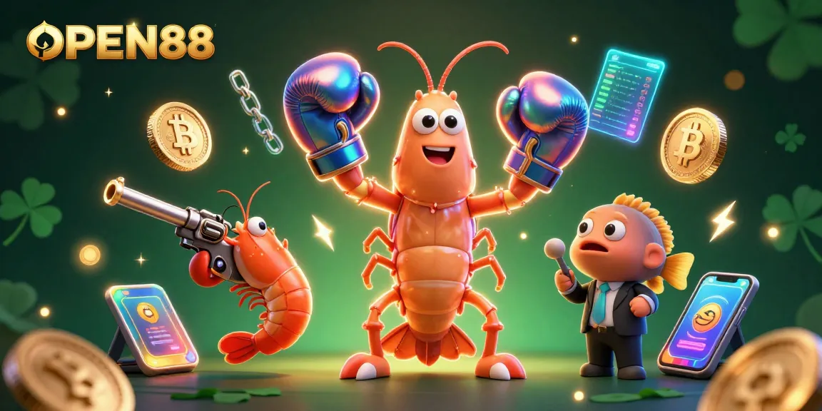 Engage with OPEN88 through this vibrant 3D illustration featuring ocean-themed characters celebrating cryptocurrency gaming.