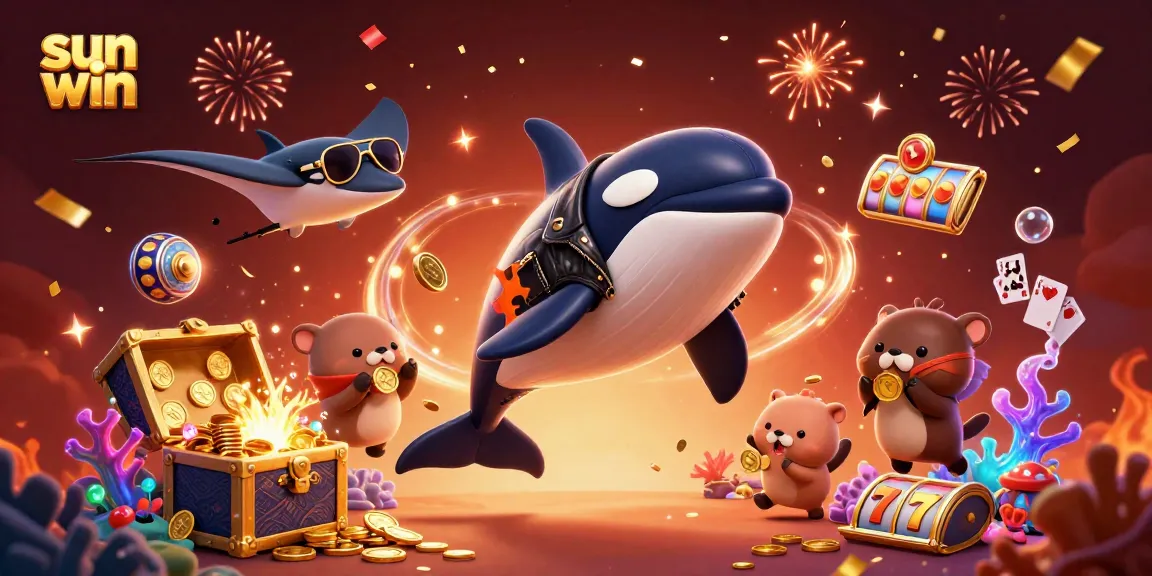 Engage with sun win gaming excitement featuring animated characters celebrating wins amidst lively casino elements.