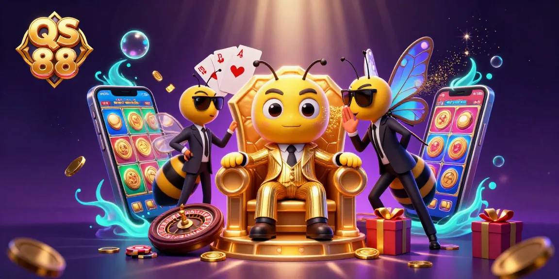 Join the fun at QS 88's vibrant casino scene with spinning slot games and animated characters enhancing your gaming experience.