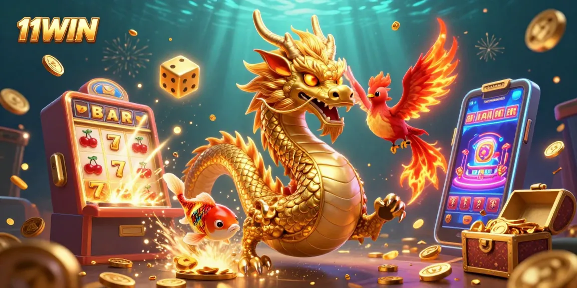 Engage with exciting games at 11WIN, featuring a dynamic dragon and vibrant casino elements.