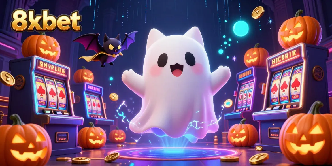 Engage in thrilling gameplay at 8xbet, where a ghost cat and vampire bat roam a fantastic haunted casino.