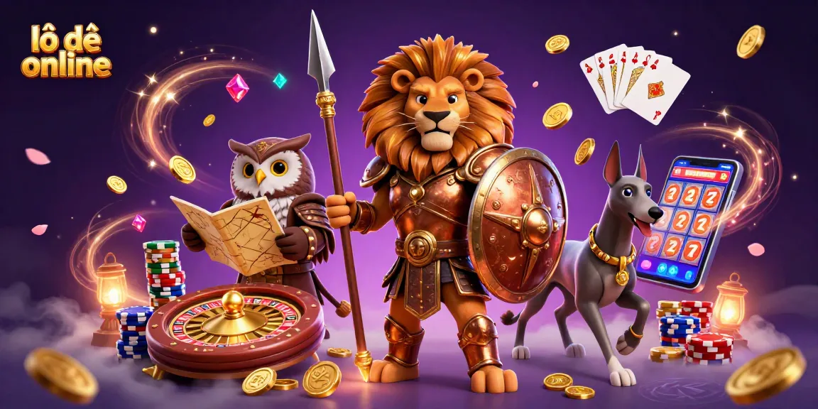 Engage with lô đề online in this dynamic 3D scene featuring a Spartan lion, owl strategist, and greyhound, showcasing gambling elements.
