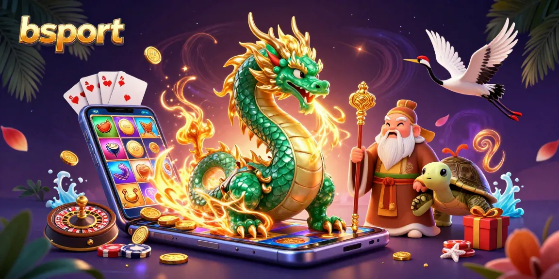 Experience the excitement of bsport with a vibrant 3D illustration showcasing a jade dragon and casino elements.